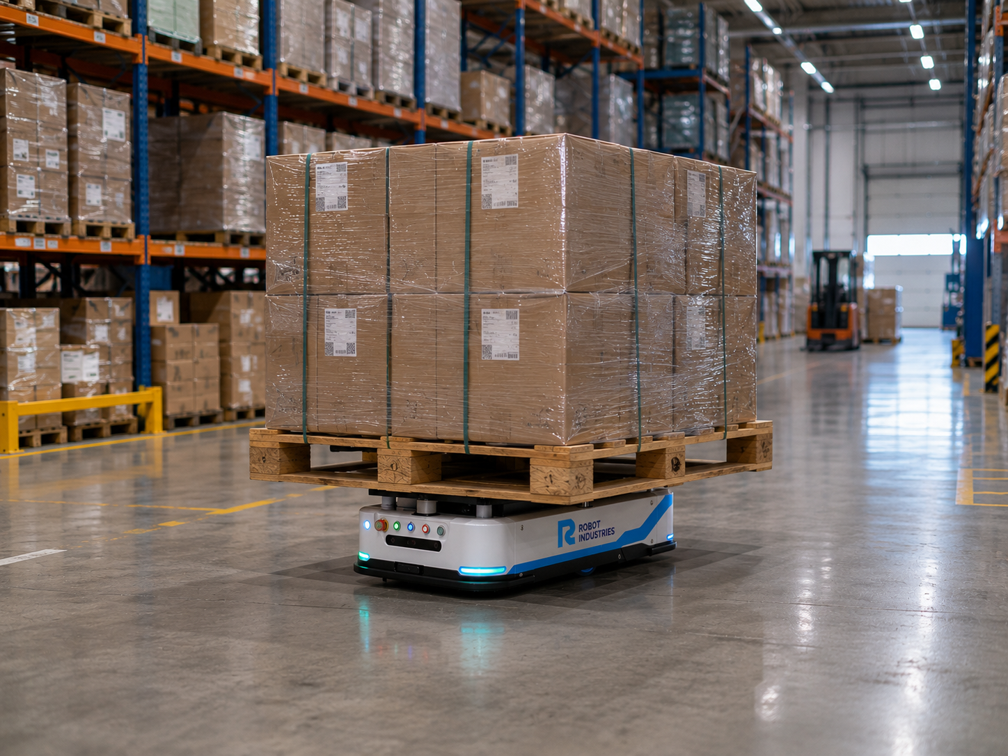 RI LOG Lifting AMR Series transporting a loaded pallet in a warehouse