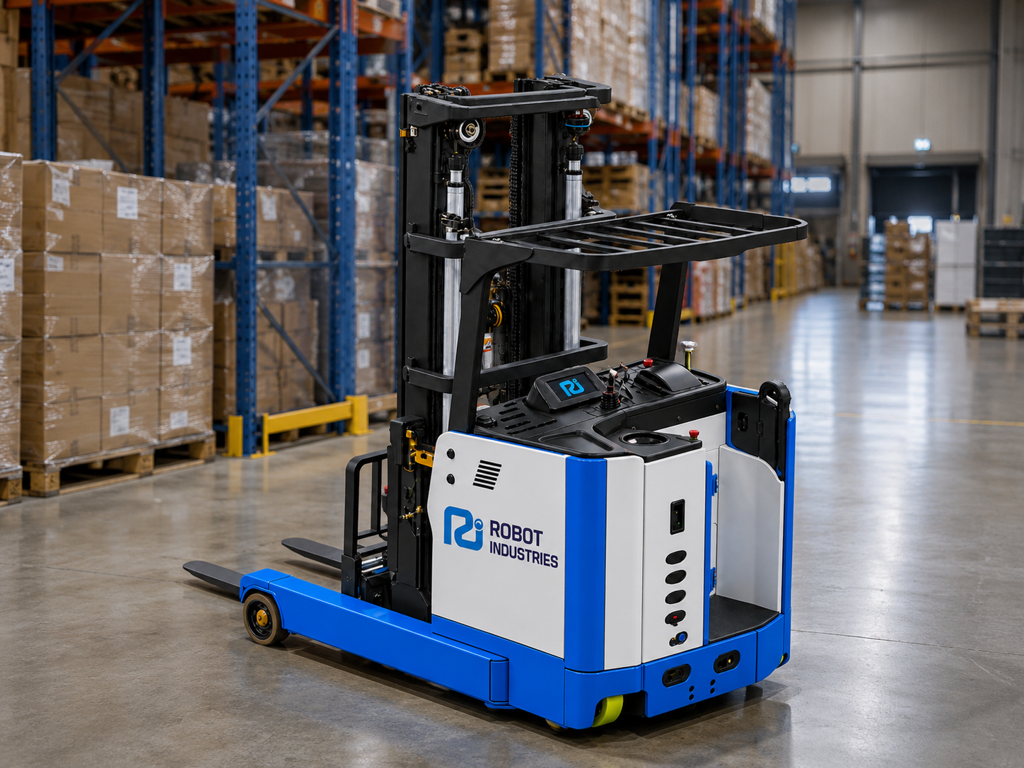 RI LOG High-Reach Forklift operating in a high-bay warehouse