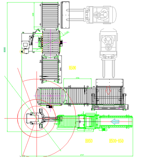 Robot Industries palletizing cell - bag flattening, pallet dispenser, robotized palletizing system, pallet wrapping machine